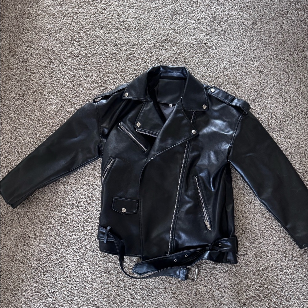 Oversized Black Faux Leather Biker Jacket - women’s
